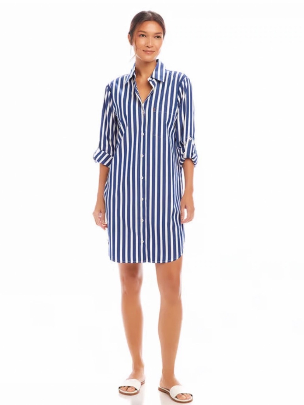 Karen Kane Shirt Dress Striped Blue White Long Sleeve Roll Tab Women’s Size M